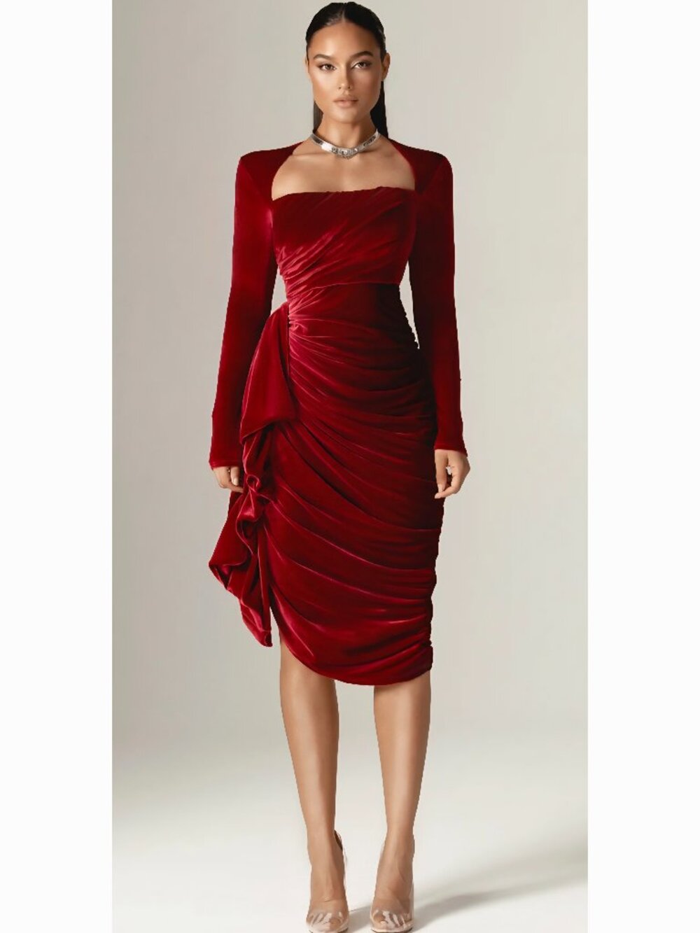Aliava (Alieva) Narin Draped Midi Dress Women’s Velvet Dress Maroon size medium